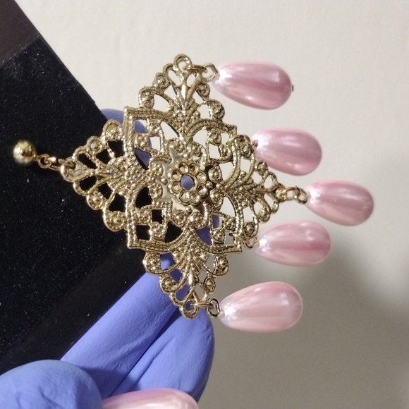 Gold Filigree Beaded Drop Earrings | Diamond-Shaped Dangle w/ Pink Teardrops #1 - Picture 5 of 6